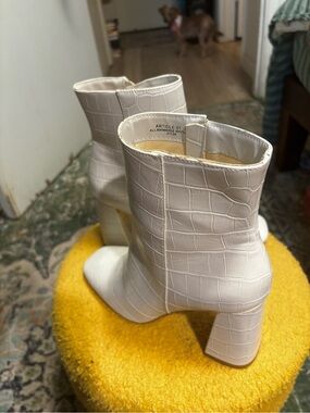 BAMBOO White Croc-Embossed Block Heel Ankle Boots—never worn